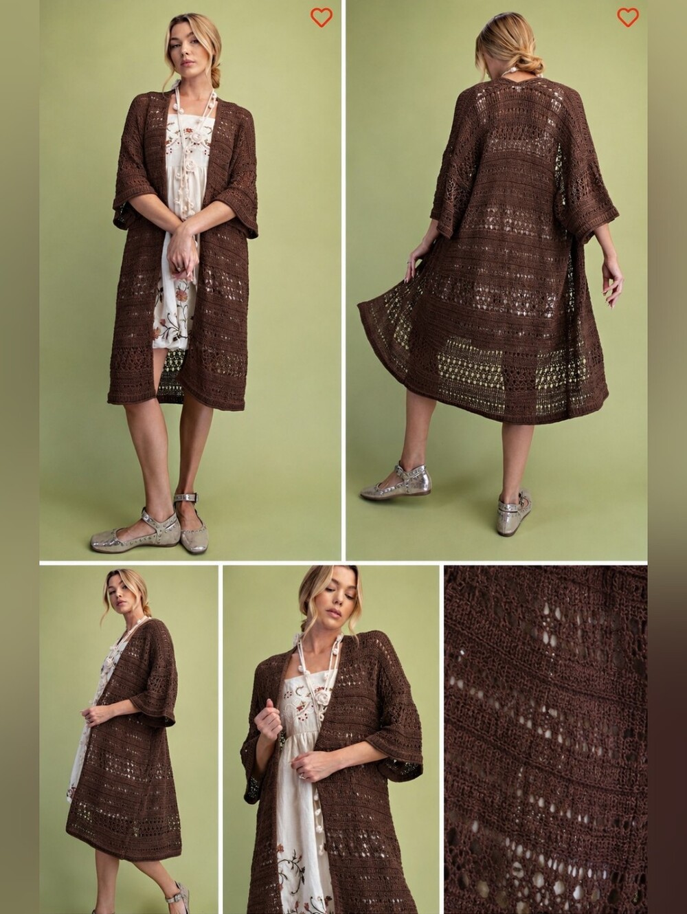 Easel Boho Open Knit Midi Duster Cardigan – Espresso – Size Small NWT